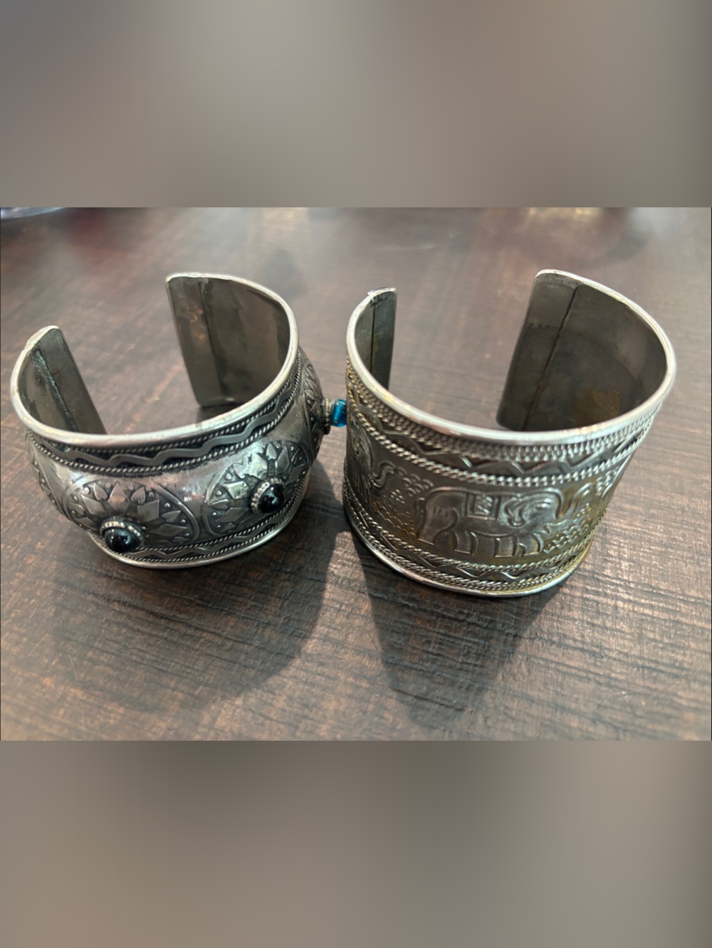 Vintage Indian Silver Tone Cuff Bracelet Set • Boho Elephant & Gemstone Tribal